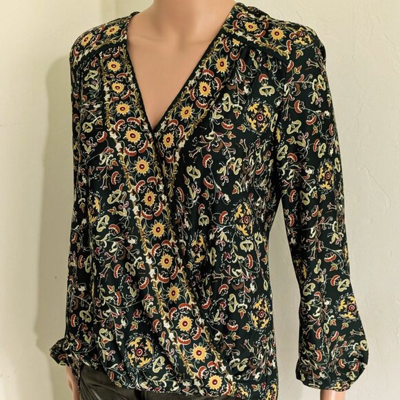 MAX STUDIO Floral Green Blouse - Faux Wrap High/Low Hem XS - Picture 3 of 5